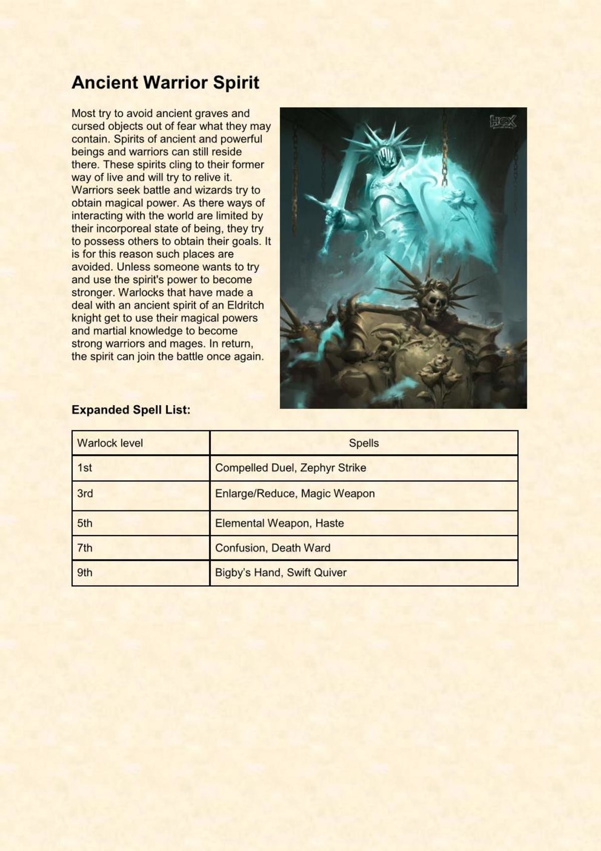 5e Warlock Subclass: Patron, Ancient Warrior Spirit