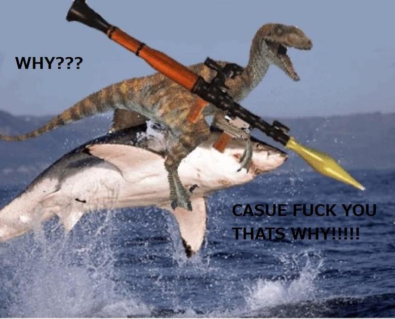 raptor riding shark with a RPG